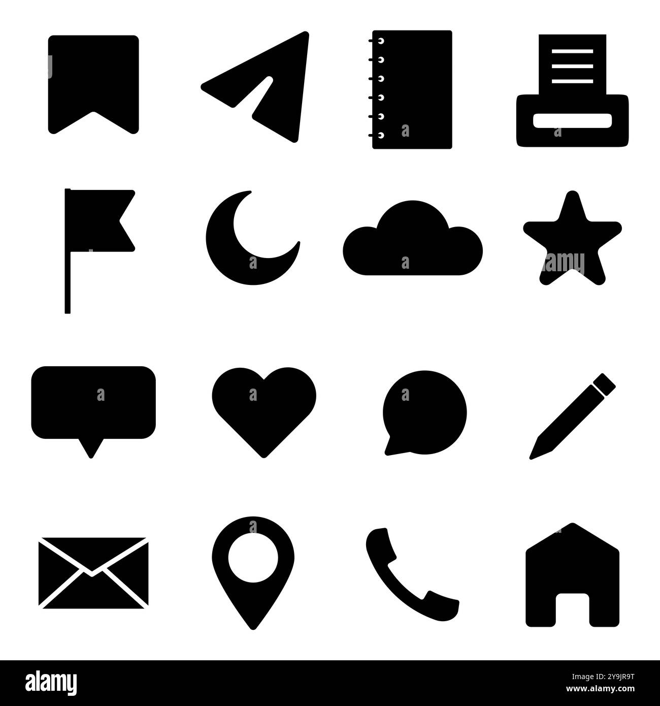 Set di icone. Semplici simboli neri. Varie icone di comunicazione e supporti multimediali. Illustrazione vettoriale. Illustrazione Vettoriale