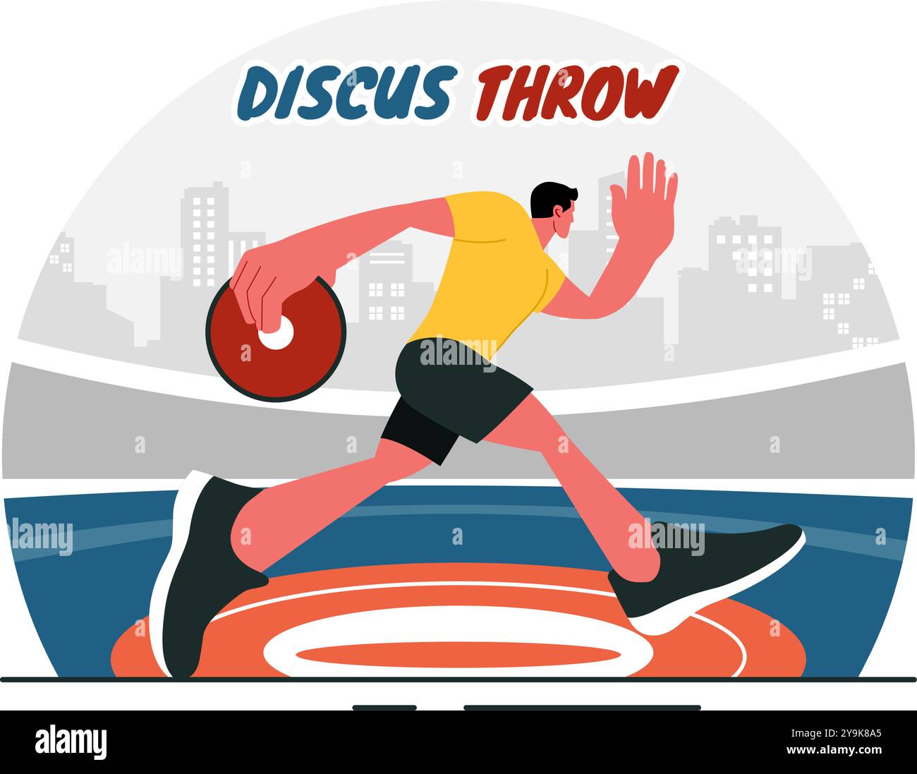 Illustrazione vettoriale di Atletica di lancio discus con un atleta che lancia un disco di legno in un campionato sportivo con sfondo di cartone animato piatto Illustrazione Vettoriale