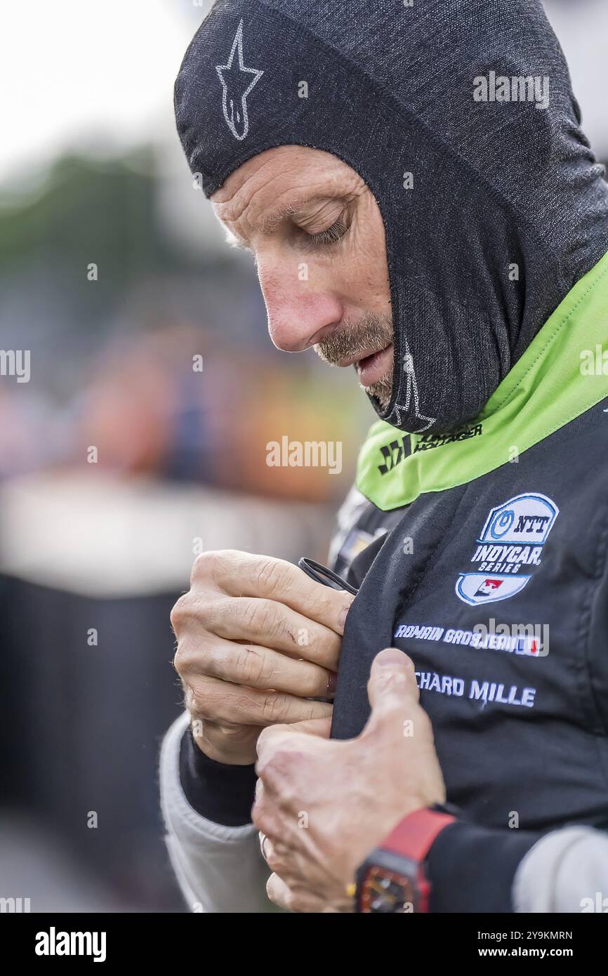 ROMAIN GROSJEAN (77) di Ginevra, Svizzera, si prepara ad allenarsi per la Honda Indy 200 al Mid-Ohio Sports Car Course di Lexington, OHIO Foto Stock