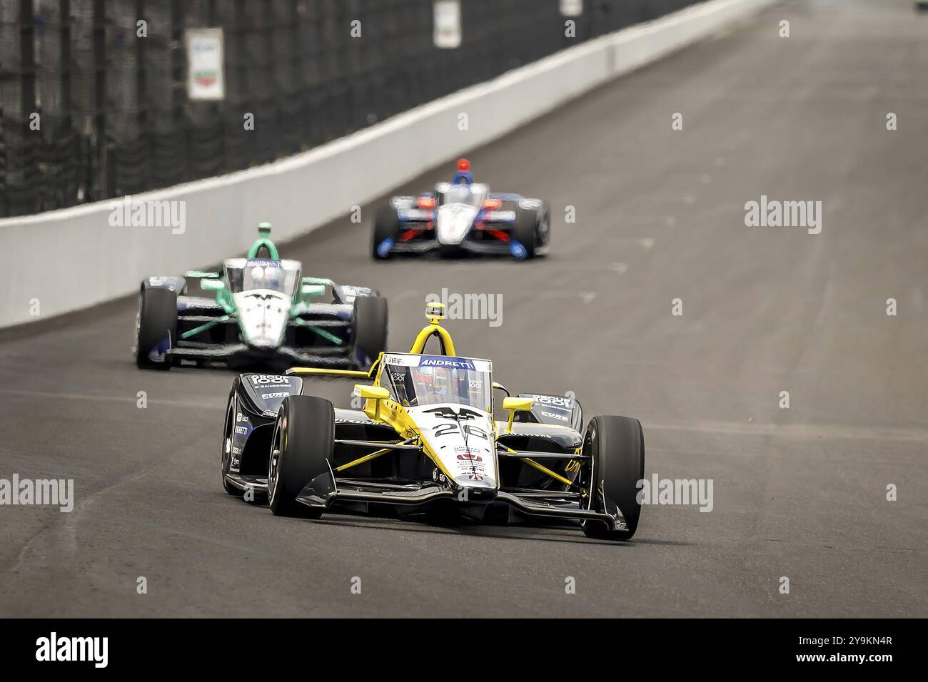 COLTON HERTA (26) di Valencia, California, pratica per la 108a corsa della 500 miglia di Indianapolis all'Indianapolis Motor Speedway di Speedway, IN Foto Stock