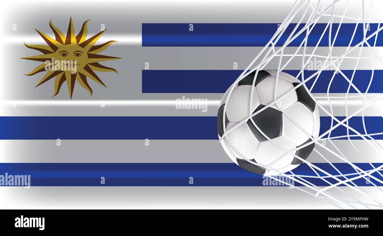 Calcio calcio calcio palla in rete reti isolate su Uruguay bandiera ombreggiata, accessori sportivi attrezzature per giocare, campionato Illustrazione Vettoriale