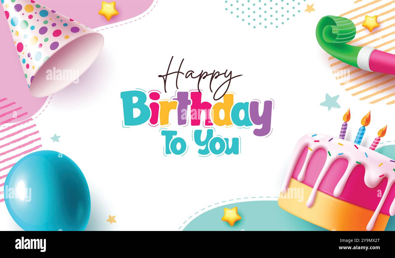 Design del modello vettoriale di compleanno. Testo del saluto di buon compleanno con cappello da festa, palloncino, torta e elementi decorativi con fischio in sfondo astratto. Illustrazione Vettoriale