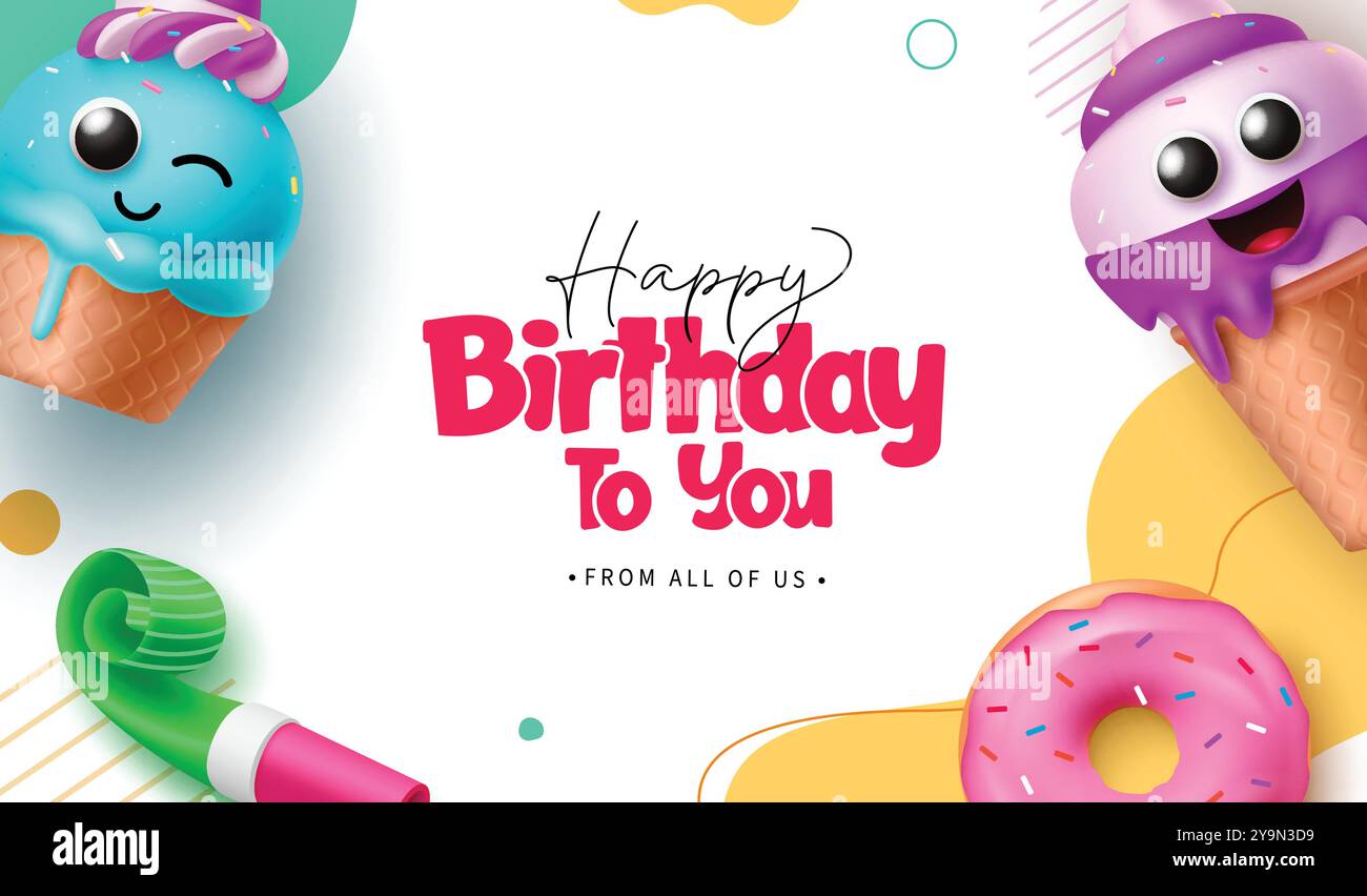 Auguri di buon compleanno, design vettoriale dello sfondo. Testo del saluto di compleanno con simpatici personaggi di gelato, fischietti e elementi decorativi con ciambelle Illustrazione Vettoriale