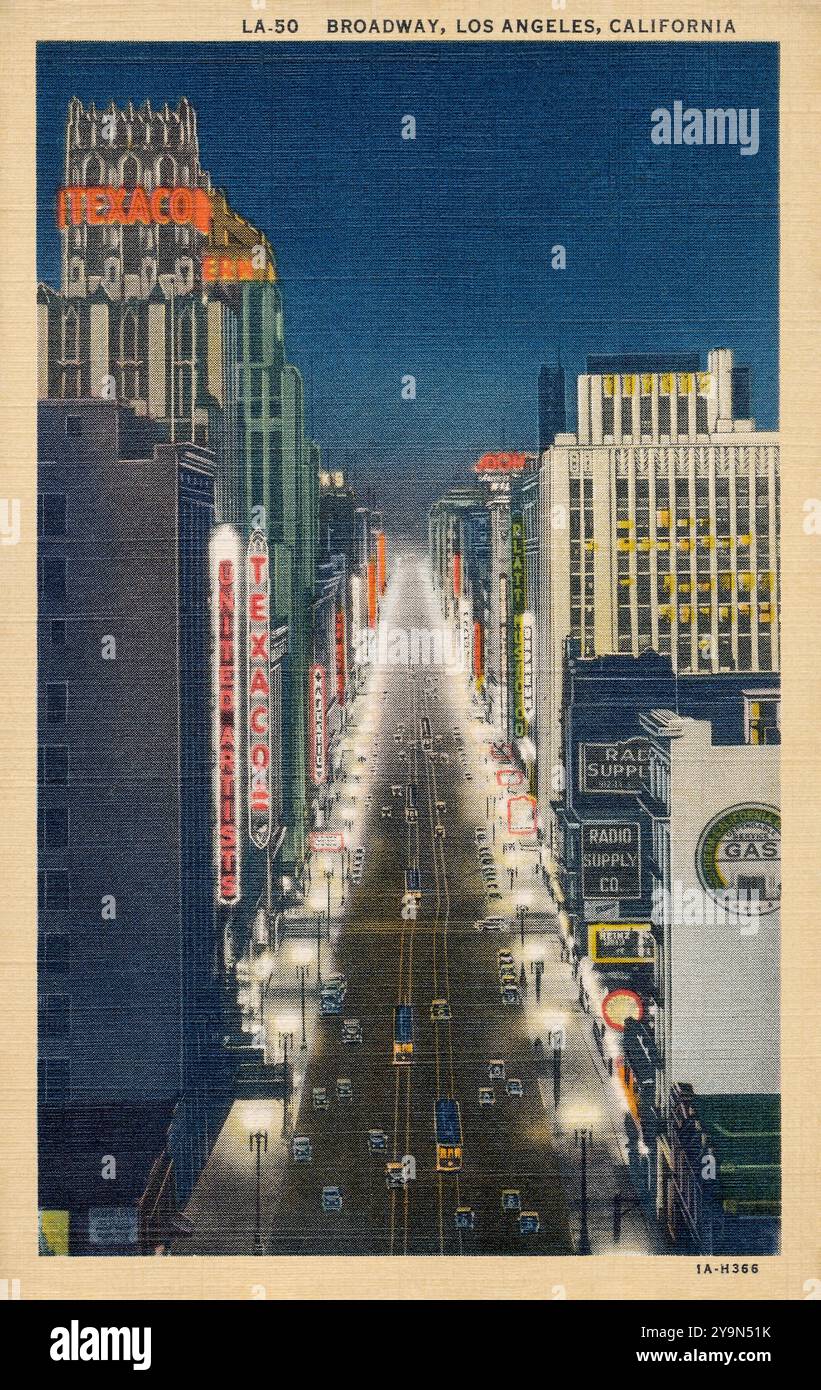 Cartolina d'epoca degli Stati Uniti di Broadway di notte a Los Angeles, California. Foto Stock