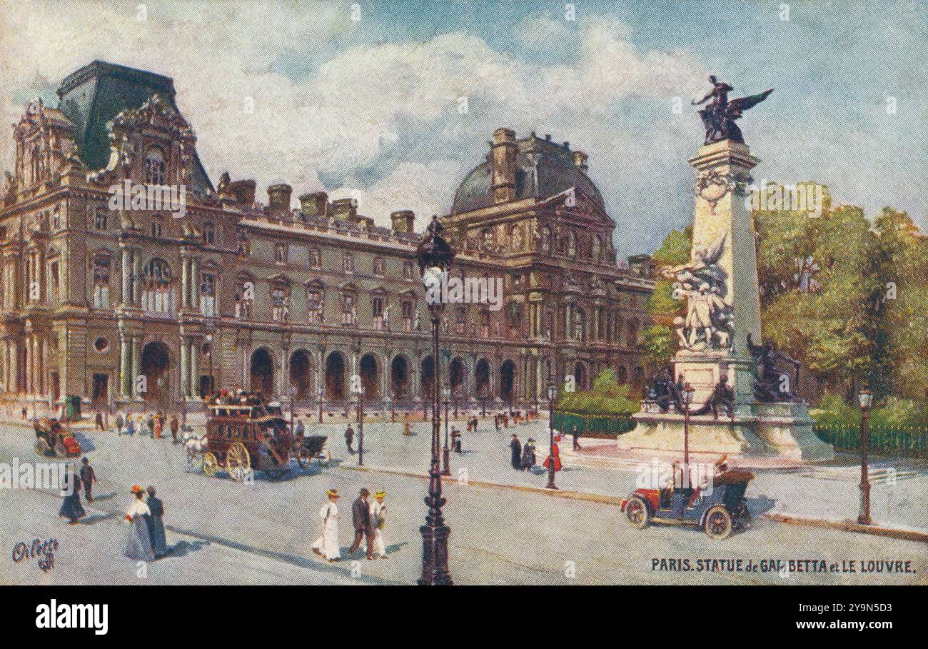 Cartolina d'epoca Raphael Tuck & Sons francese del Louvre e monumento a Léon Gambetta a Parigi, Francia. Foto Stock