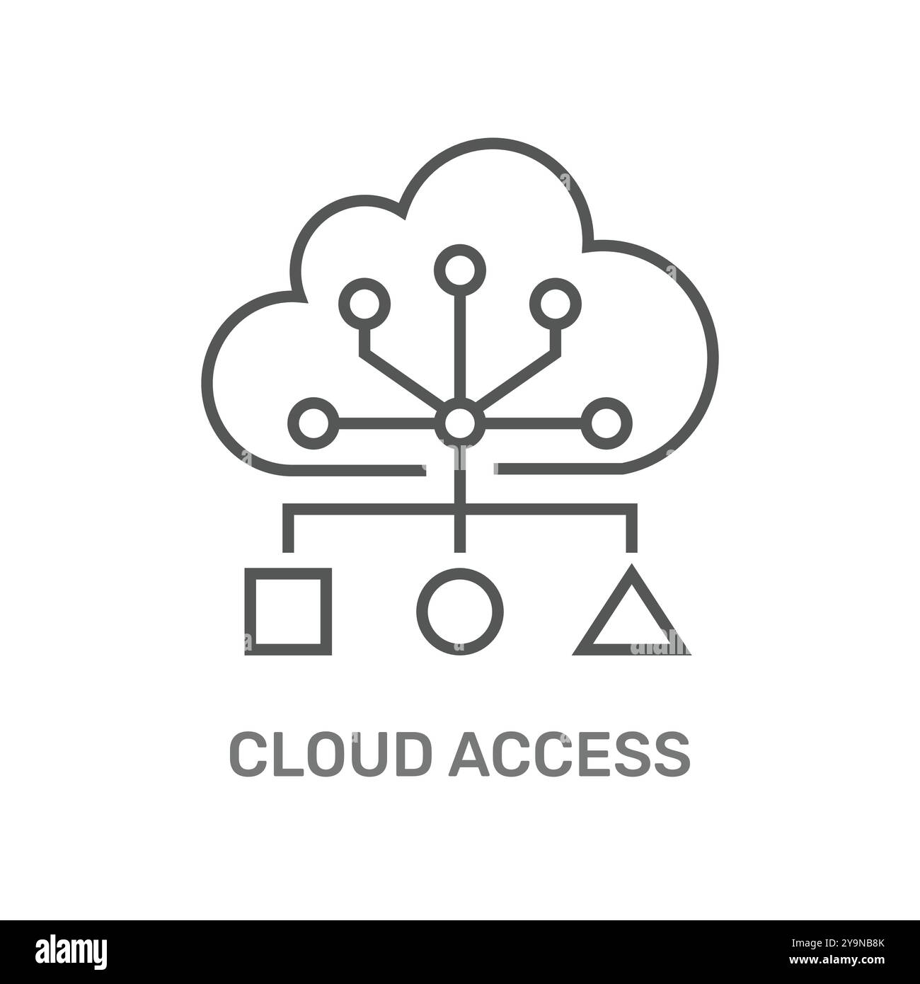 Rappresenta l'accesso al cloud, simboleggiando una struttura cloud che collega vari elementi che indicano dati o sistemi. Illustra il concetto di telecomando Illustrazione Vettoriale