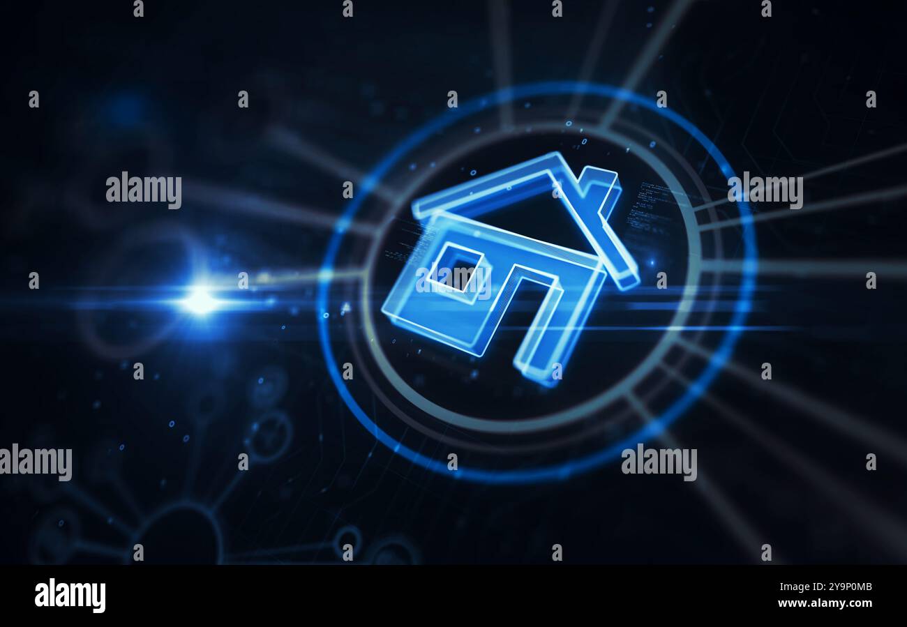 Concetto digitale IOT casa intelligente ai simbolo della casa domestica. Illustrazione 3d dell'icona astratta di rete, della tecnologia informatica e dello sfondo del computer. Foto Stock