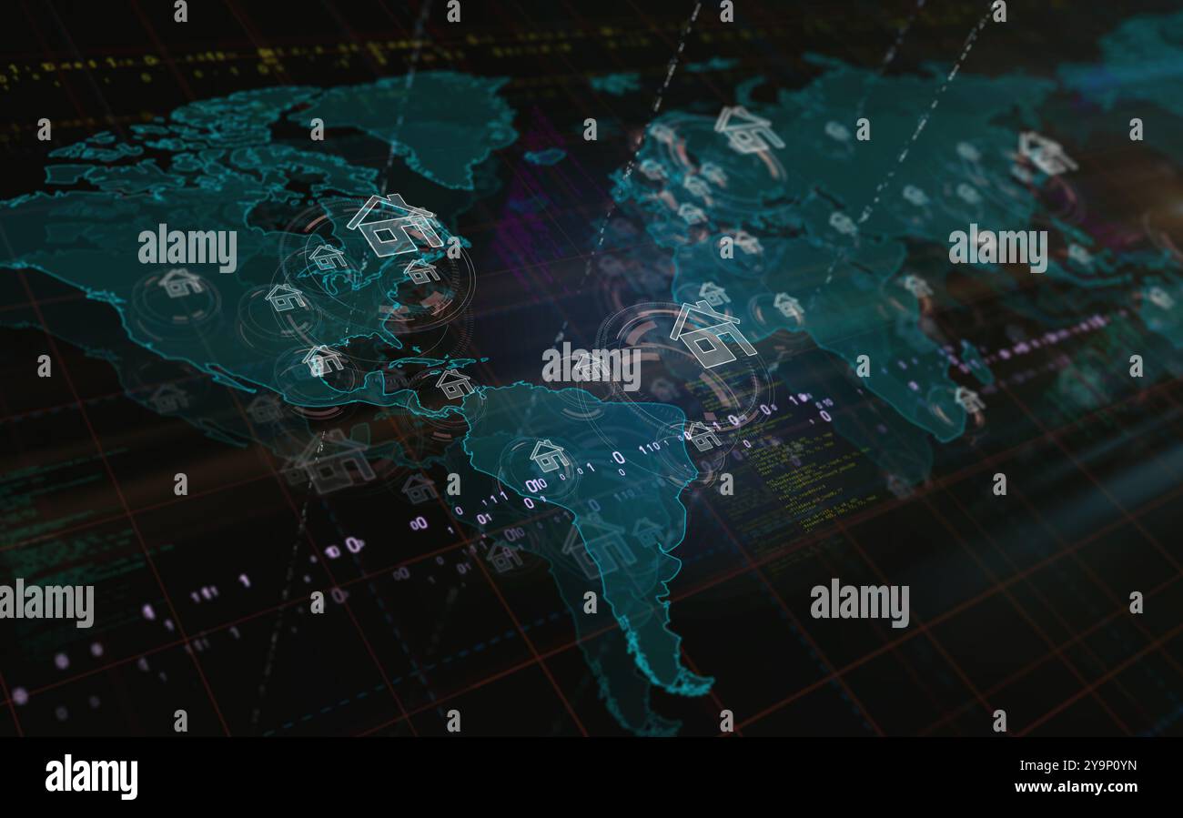 Simboli DELL'intelligenza artificiale della casa intelligente IOT sulla mappa del mondo. Concetto di tecnologia a ciclo continuo. Foto Stock