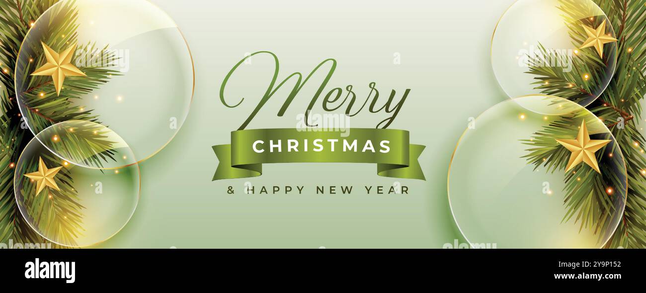 banner decorativo natalizio realistico con design di elementi in vetro Illustrazione Vettoriale