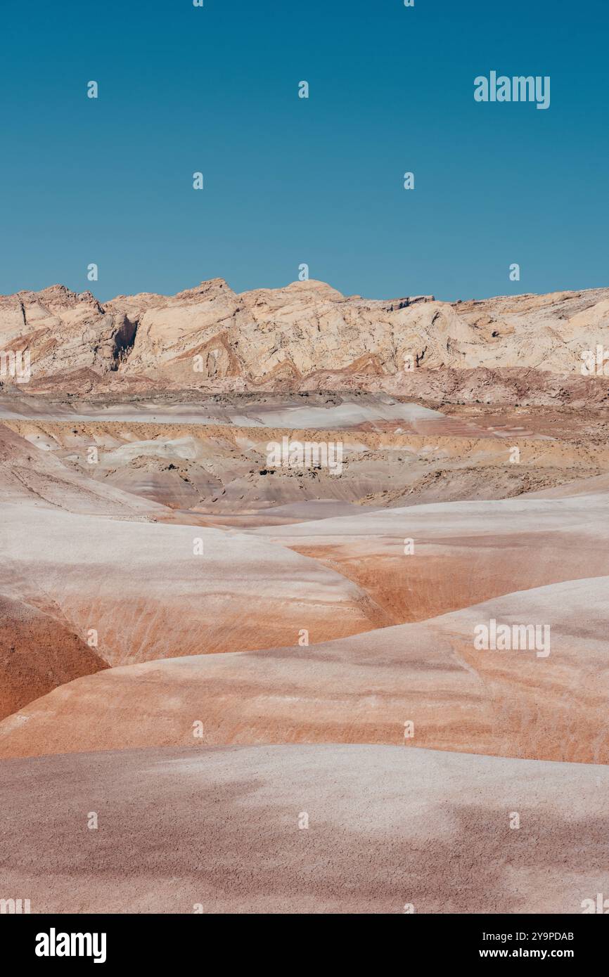 Paesaggio colorato del deserto di argilla Bentonite con sfondo di montagna Foto Stock