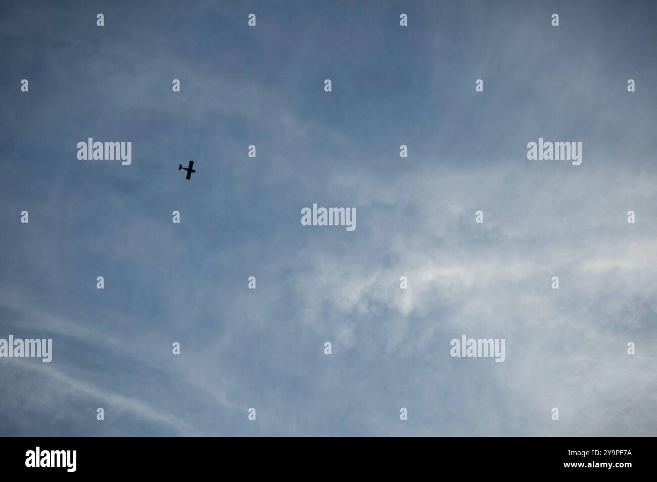 Piccolo aereo che vola a bassa quota, visto tra i rami degli alberi. Foto Stock
