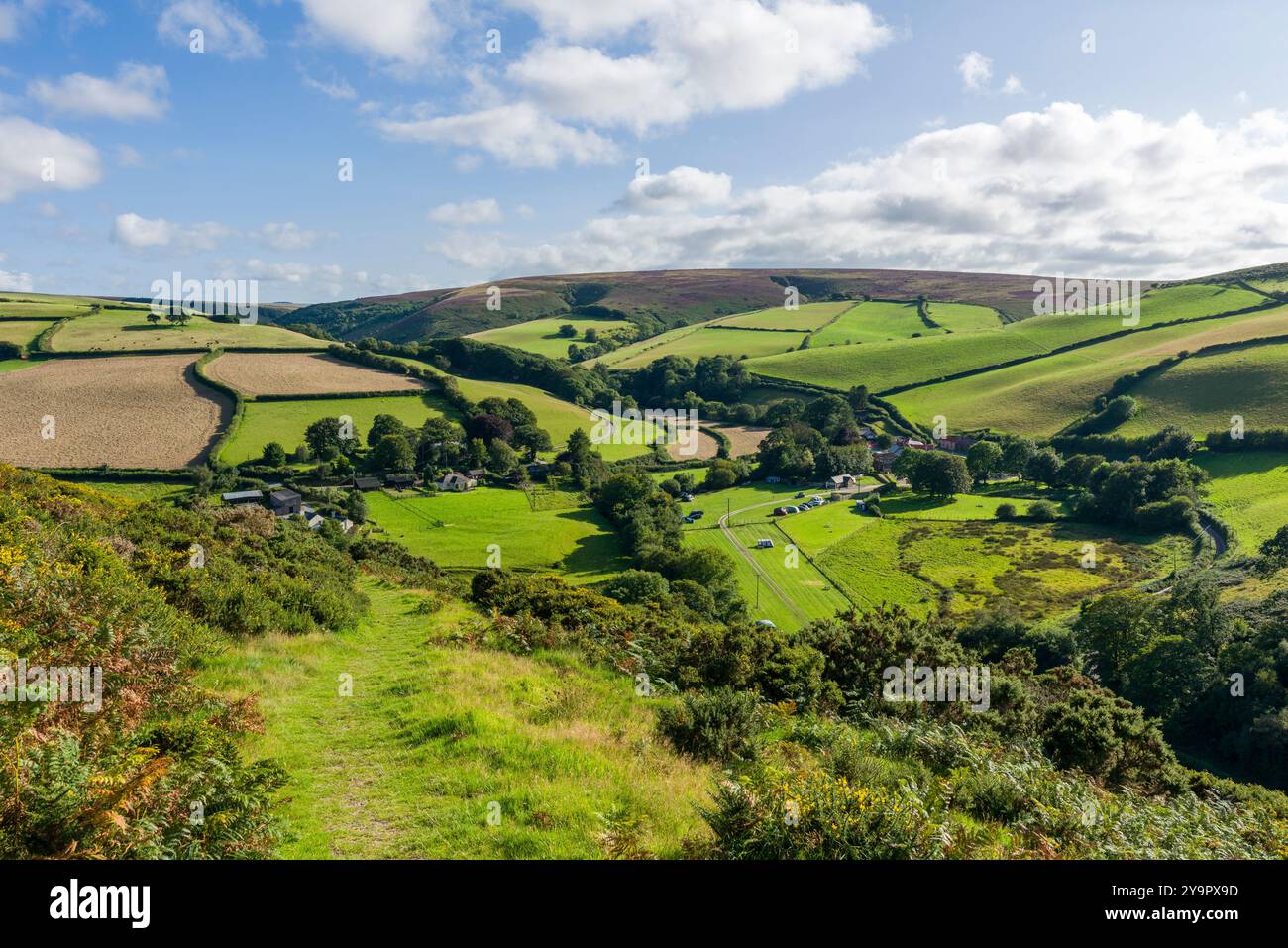 La frazione di Malmsmead sul confine tra Devon e Somerset nell'Exmoor National Park, Inghilterra. Foto Stock