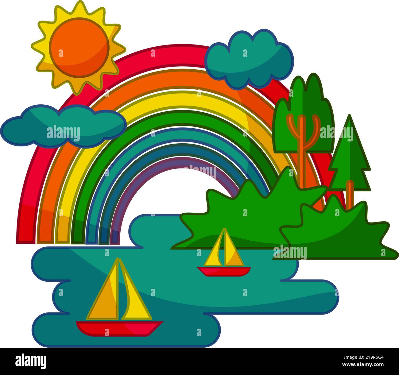 Colorata composizione paesaggistica in stile cartoni animati con barche che navigano tra le nuvole di sole del fiume e l'arcobaleno Illustrazione Vettoriale
