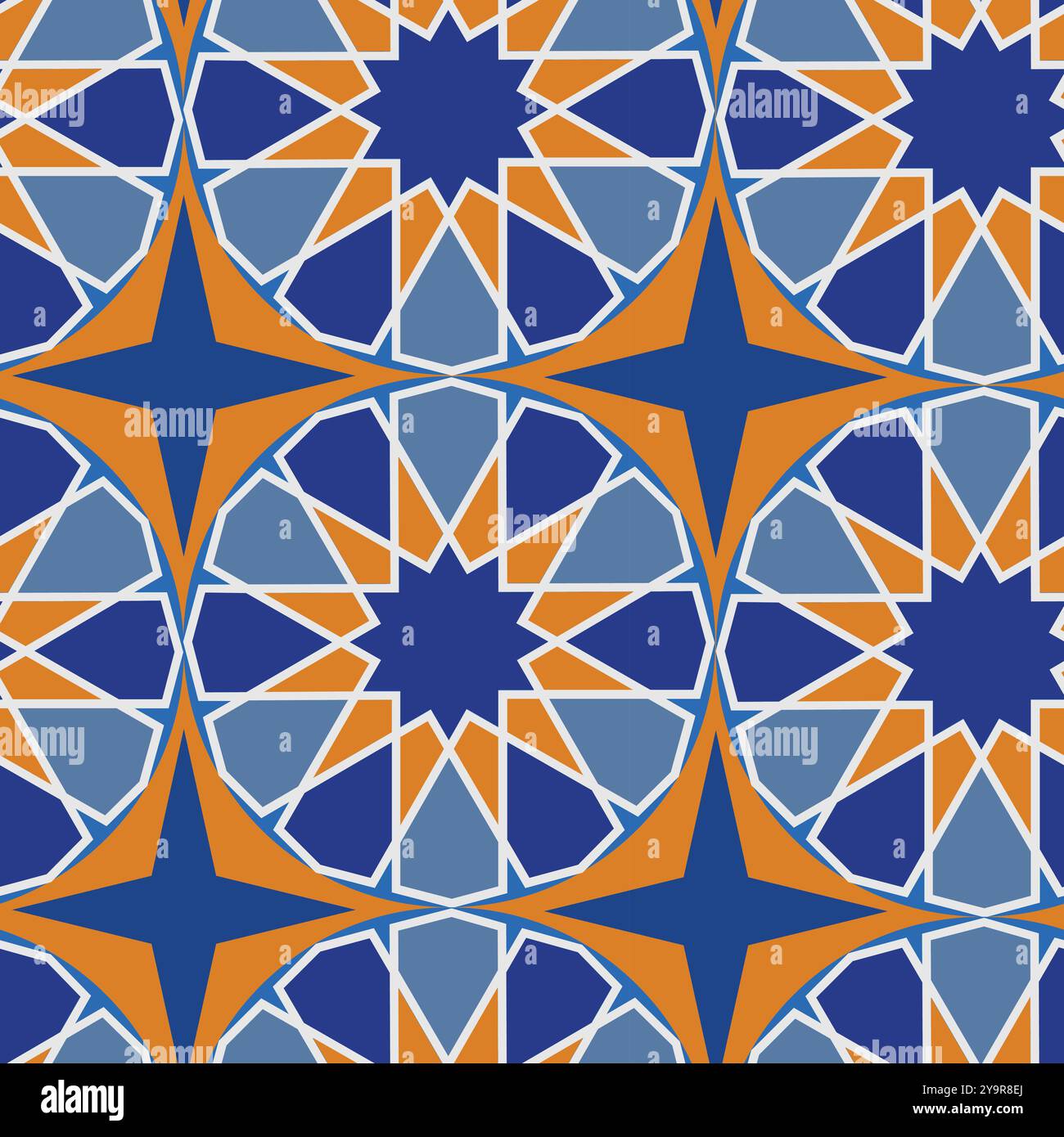 Classico motivo marocchino Arabesque senza cuciture arancione e blu navy. Per tessuti, carta da parati e arredamento per la casa Illustrazione Vettoriale