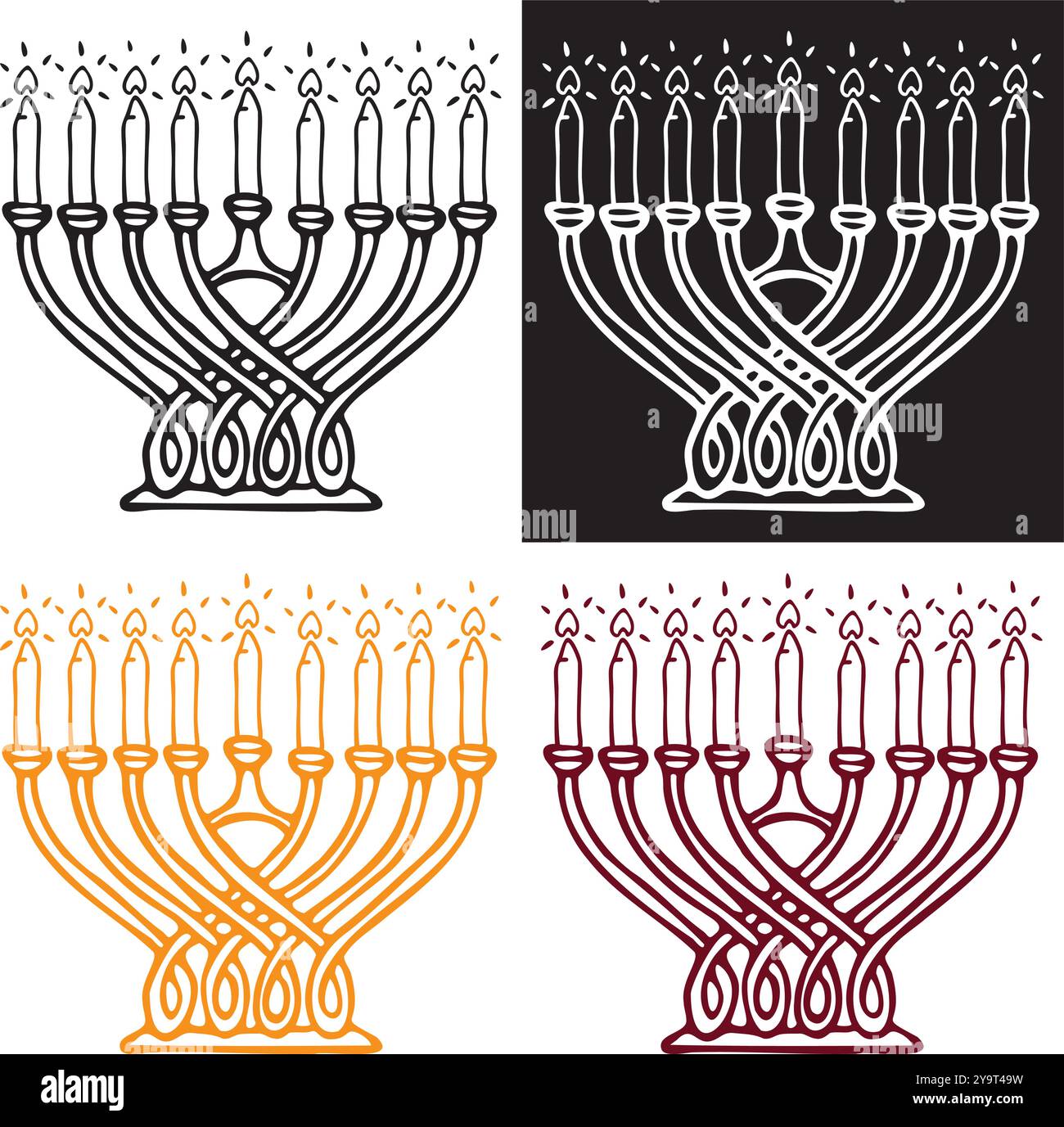 Hanukkiah tradizionale con candele accese, silhouette semplice Illustrazione Vettoriale