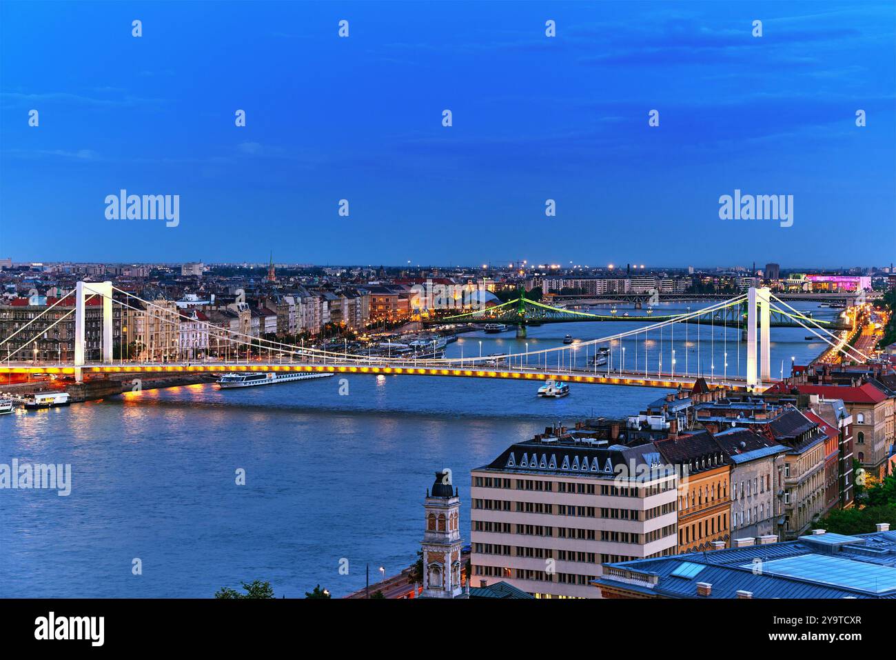 Vista panoramica sul Ponte Elisabetta e Budapest,ponte che collega Buda e Pest parti.notte tempo. Foto Stock