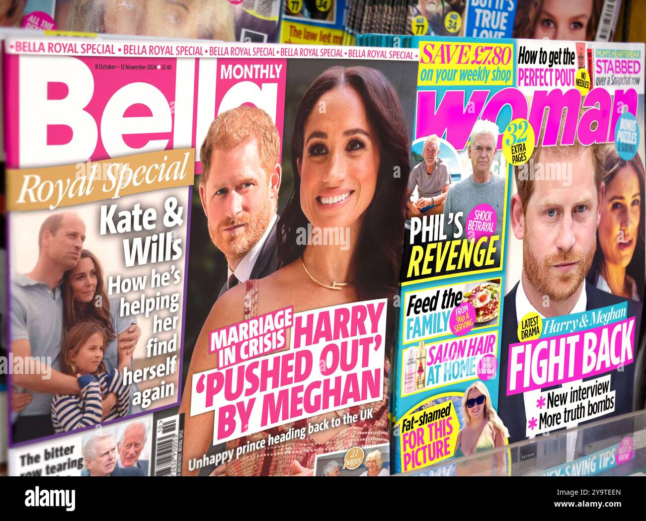 Prince Harry e Meghan Markle sulle copertine di riviste di gossip britanniche, Woman e bella, di altri membri della famiglia reale come Prince William e Kate Foto Stock
