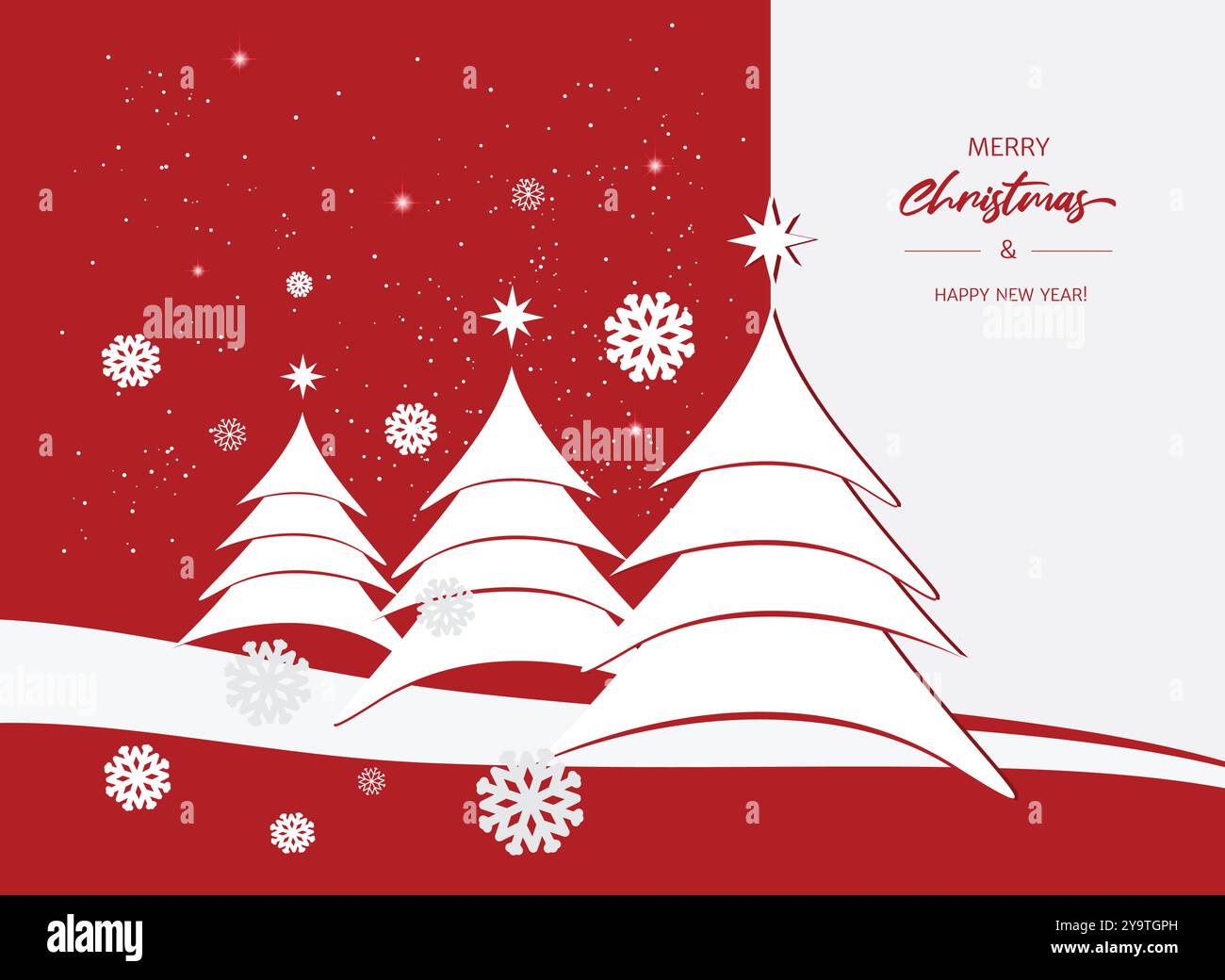 Biglietto di auguri o striscione buon Natale e felice anno nuovo. Stile minimalista. Abeti di Capodanno, neve, fiocchi di neve, stella di Gesù su una ba bianca e rossa Illustrazione Vettoriale