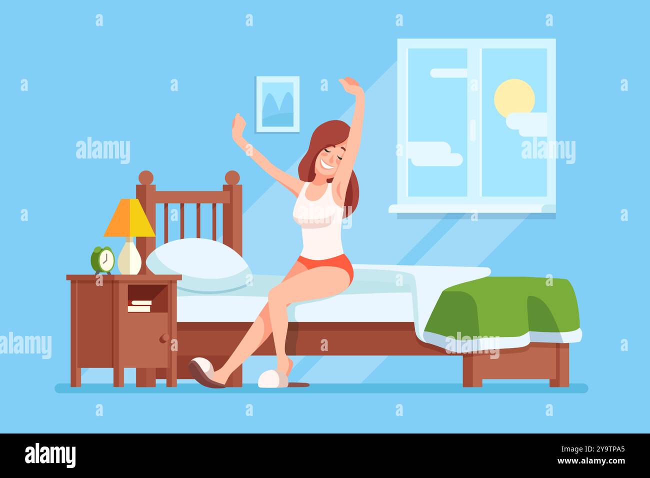 Una giovane donna si allunga felicemente mentre si sveglia in una camera da letto colorata con la luce del sole che scorre attraverso la finestra Illustrazione Vettoriale