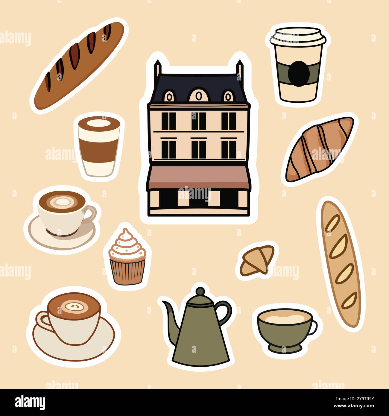 Set di adesivi Paris Cafe Vector - eleganti illustrazioni di Coffee Shop Illustrazione Vettoriale