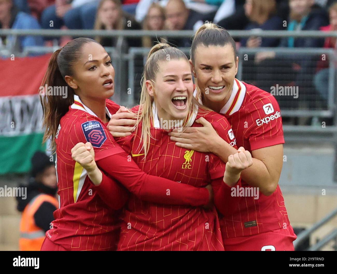 Londra, Regno Unito. 6 ottobre 2024. LONDRA, INGHILTERRA - Marie Hobinger di Liverpool Women celebra il suo gol durante la partita di calcio Barclays fa Women's Super League tra Tottenham Hotspur Women e Liverpool Women al Gaughan Group Stadium di Leyton il 6 ottobre 2024 a Londra, Inghilterra. Crediti: Action foto Sport/Alamy Live News Foto Stock