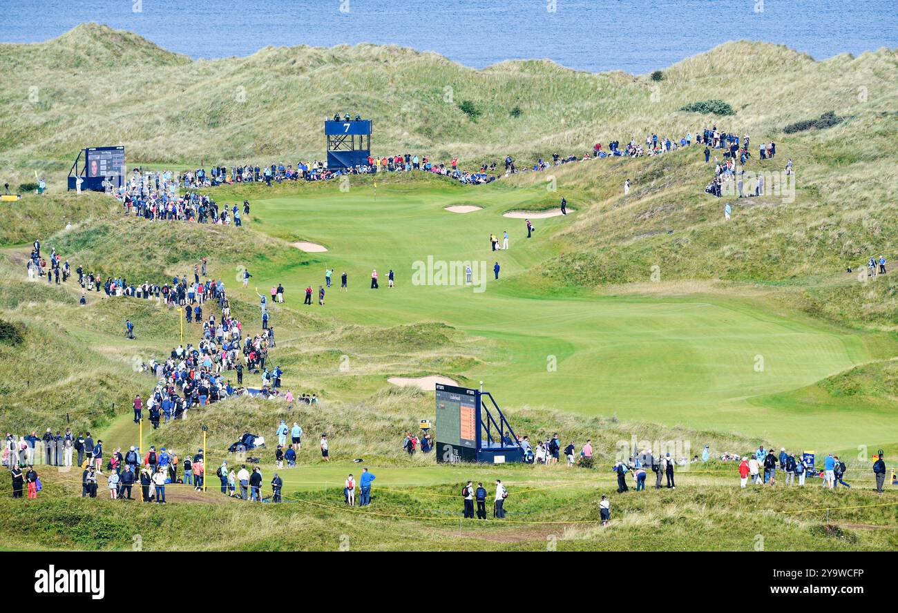 19 luglio 2019; Portrush, vista generale della 7a buca durante il secondo round del torneo Open Championship di golf al Royal Portrush Golf Club - Dunluce Course. Foto Stock