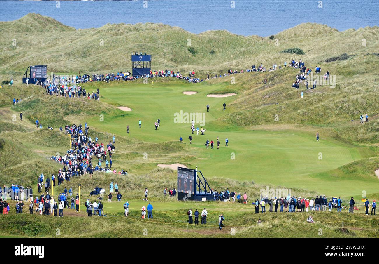 19 luglio 2019; Portrush, vista generale della 7a buca durante il secondo round del torneo Open Championship di golf al Royal Portrush Golf Club - Dunluce Course. Foto Stock