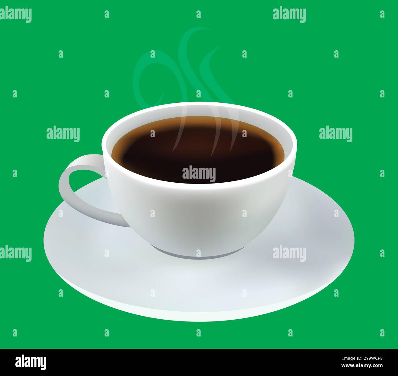 l'immagine di alta qualità presenta una tazza in porcellana bianca riempita di caffè scuro isolato su sfondo verde per facilitare la composizione. Illustrazione Vettoriale