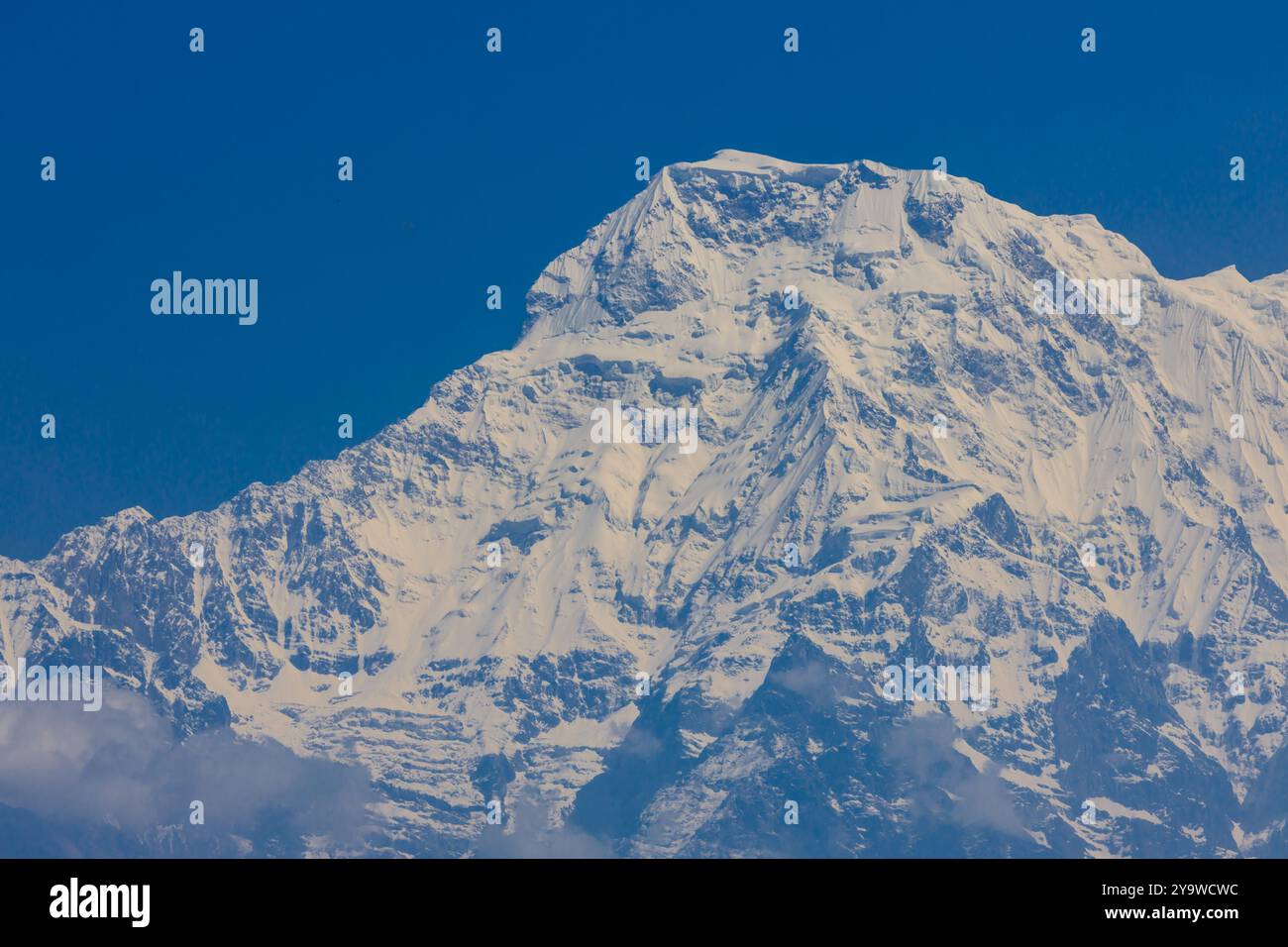 Annapurna vetta meridionale dell'Himalaya vicino a Pokhara, Nepal. Montagna a coda di pesce con neve, ghiaccio e rocce splendida vetta nella catena dell'Annapurna Foto Stock