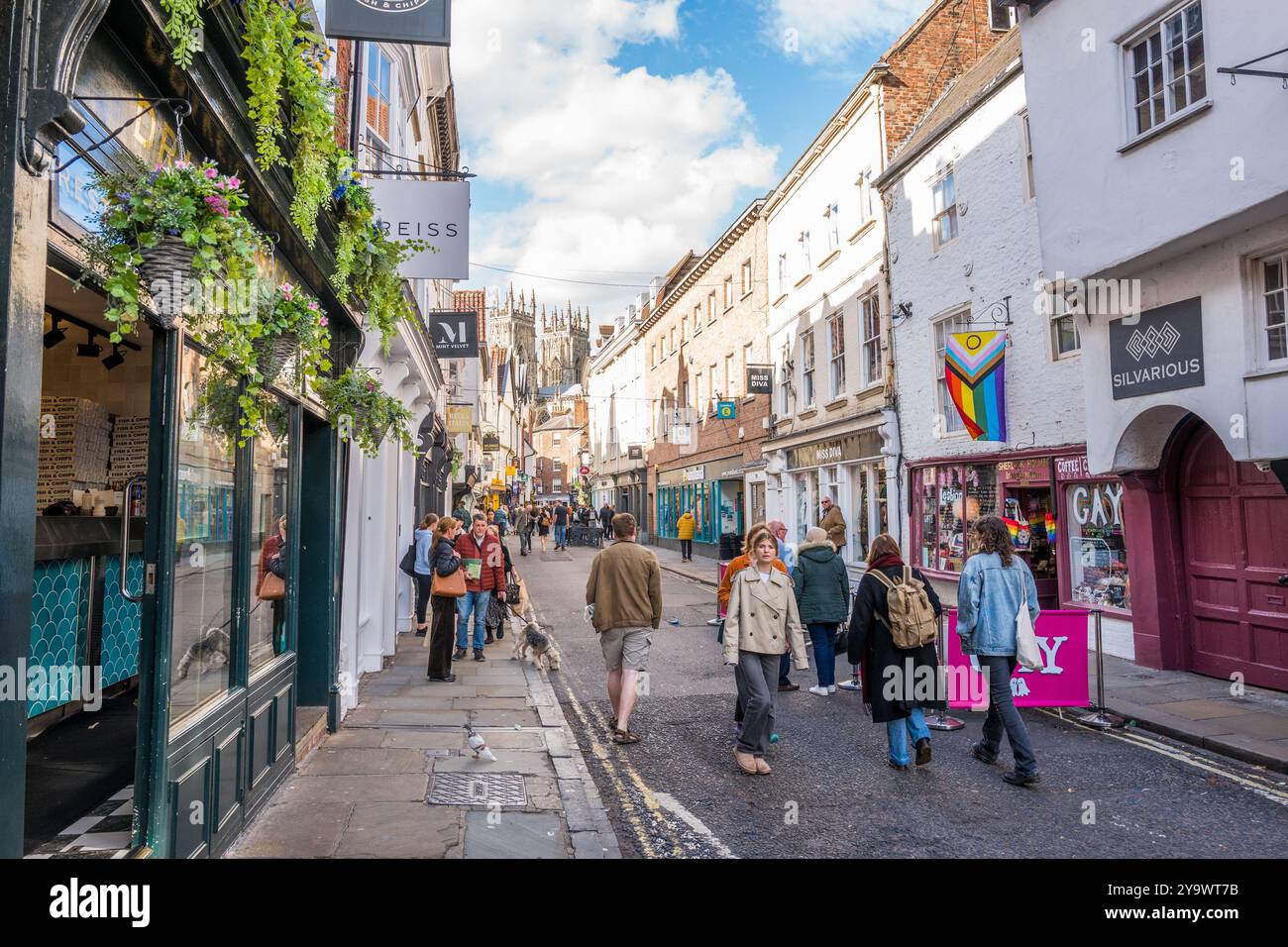 Gli amanti dello shopping e i turisti negoziano le stradine e le viuzze della città di York, Yorkshire, Inghilterra. Foto Stock