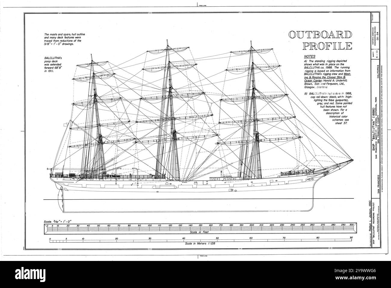 Ship Balclutha, 2905 Hyde Street Pier, San Francisco, San Francisco County, CA disegni da Survey HAER Illustrazione Vettoriale