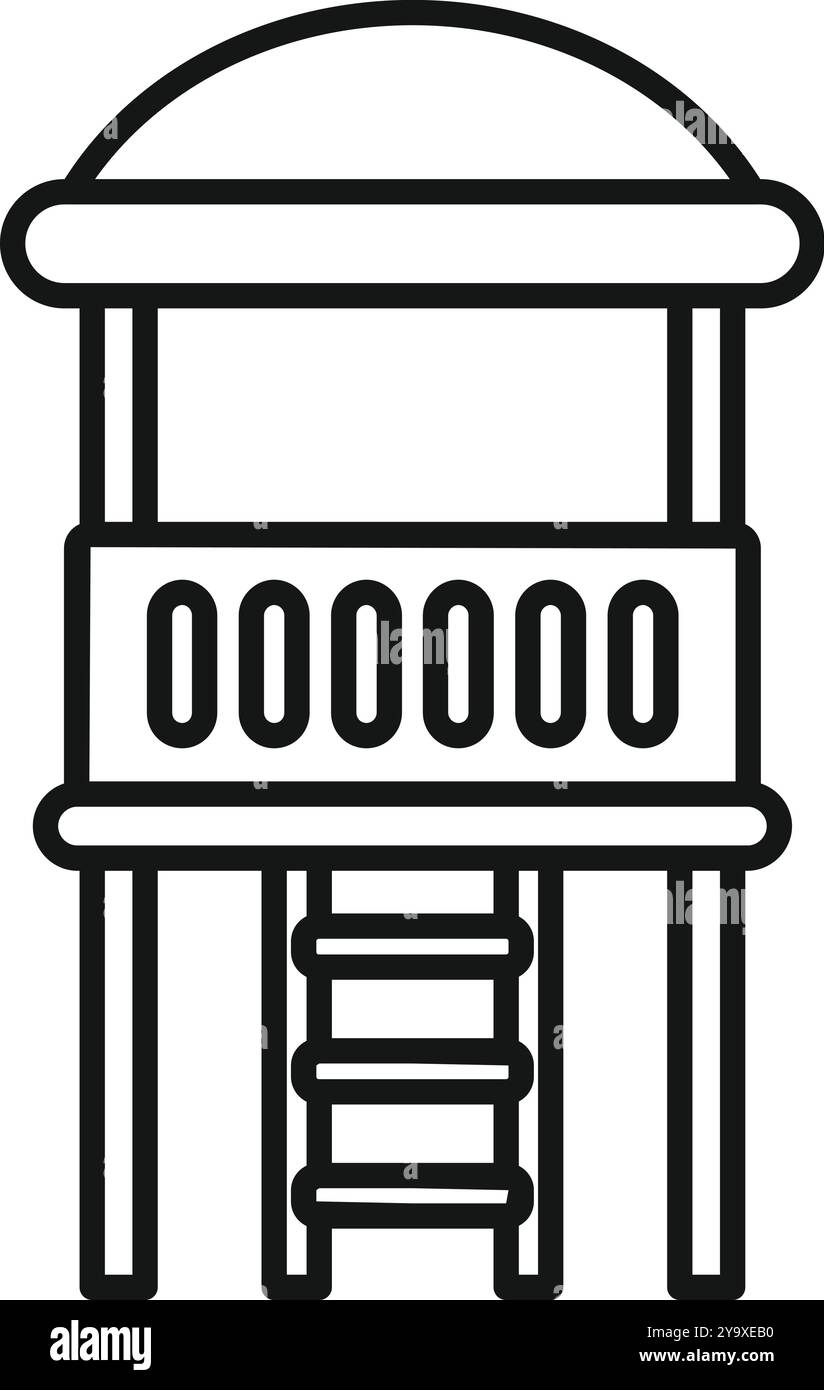 La torre di osservazione Baywatch con le scale è in piedi sulla spiaggia e aspetta che la squadra di bagnini riesca a salvare le persone Illustrazione Vettoriale