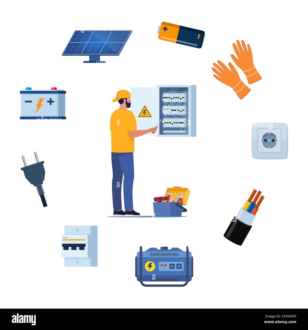 Attrezzi essenziali per la riparazione elettrica per tecnici professionisti, servizio di manutenzione delle prese. Apparecchiature per elettricisti per impianti elettrici insp Illustrazione Vettoriale