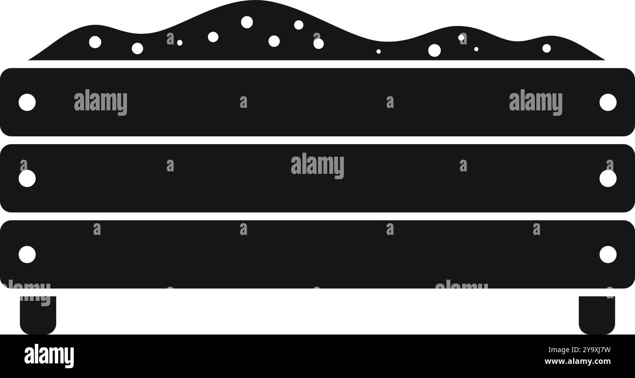 Semplice icona di una scatola di sabbia di legno piena di sabbia, che si trova comunemente nei parchi giochi e nei giardini Illustrazione Vettoriale