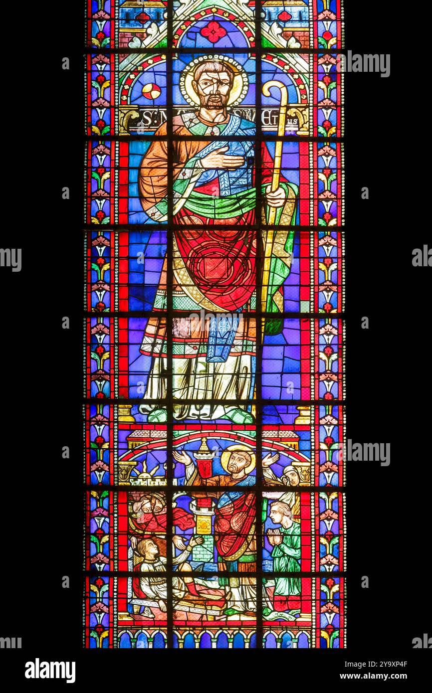 Francia, Meurthe et Moselle, Toul, cattedrale di Saint Etienne costruita tra il XIII e il XVI secolo in stile gotico sgargiante, dettaglio della vetrata del transetto meridionale realizzata nel 1863 da Casimir de Balthazar de Gacheo che rappresenta l'invenzione delle reliquie di Saint Etienne, uno dei più famosi vescovi di Toul, Saint Mansuy primo vescovo di Toul e episodio della sua vita, Saint Mansuy, il figlio del governatore riporta in vita Foto Stock