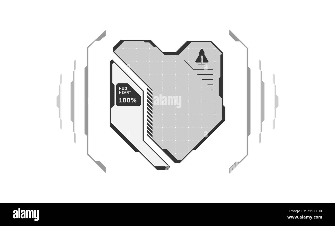 Logo Progress scudo a forma di cuore dell'interfaccia utente HUD per videogame in stile futuristico digitale. Hi-tech video gioco giocatore segno di livello di salute e icona indicatore di vita. Elemento di progettazione infografica sull'energia GUI FUI Illustrazione Vettoriale