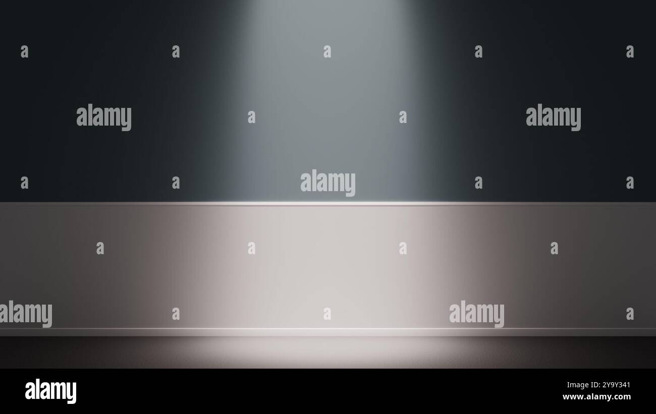Sfondo minimalista di una parete blu-grigio con modanatura bianca e luce diretta. Perfetto per progetti di design puliti ed eleganti. Foto Stock