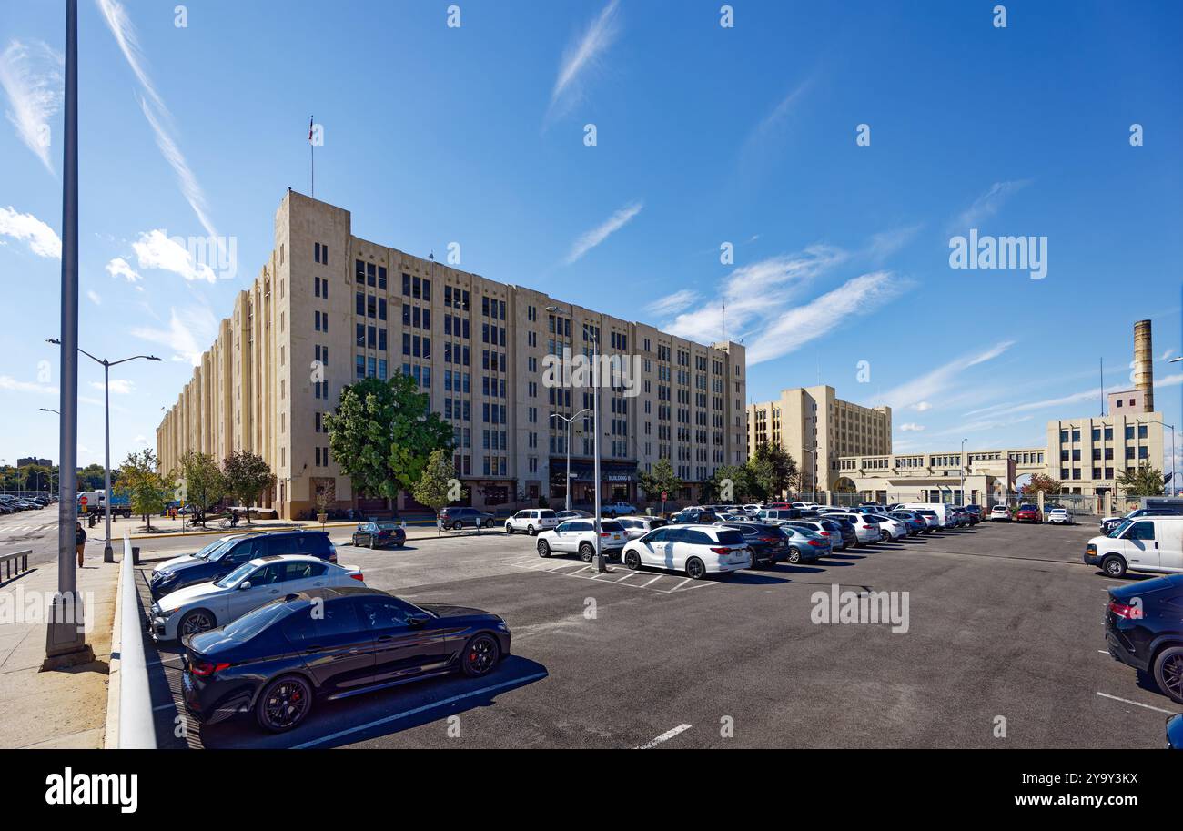 Edifici B (a sinistra), A e Administration Building al Brooklyn Army Terminal, visti da est sotto un cielo autunnale luminoso. Foto Stock