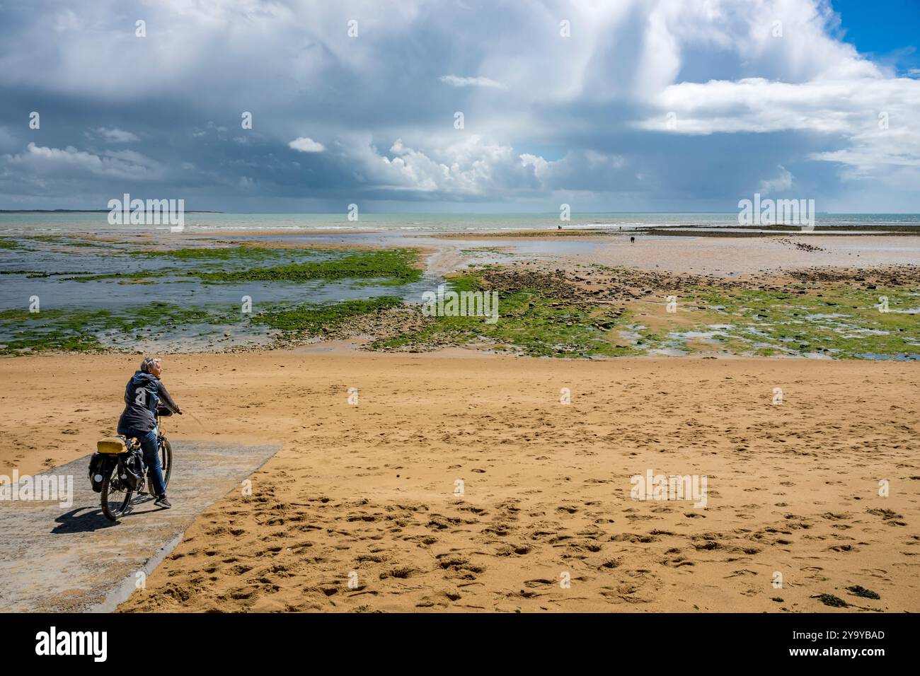 Francia, Vendee, Saint Vincent sur Jard, spiaggia di goulet con bassa marea, breve pausa dal ciclismo sulla pista ciclabile del tour Vendée Vélo Foto Stock