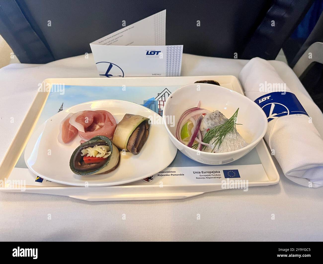Menu di pasti a bordo della compagnia aerea LOT Polish Airlines in classe business, Polonia, UE Foto Stock