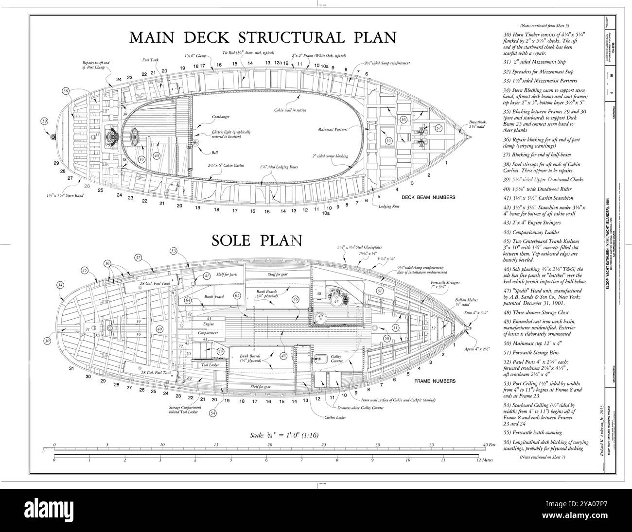 Sloop Yacht Kathleen, San Francisco, San Francisco County, CA disegni da Survey HAER Illustrazione Vettoriale