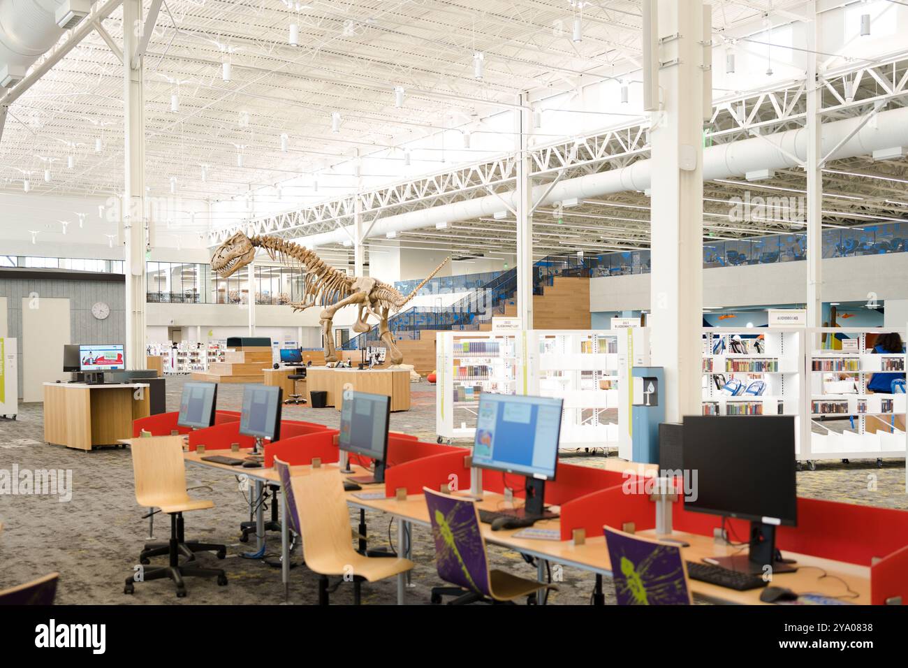 Mostra di scheletro T-Rex della Biblioteca pubblica Frisco Foto Stock