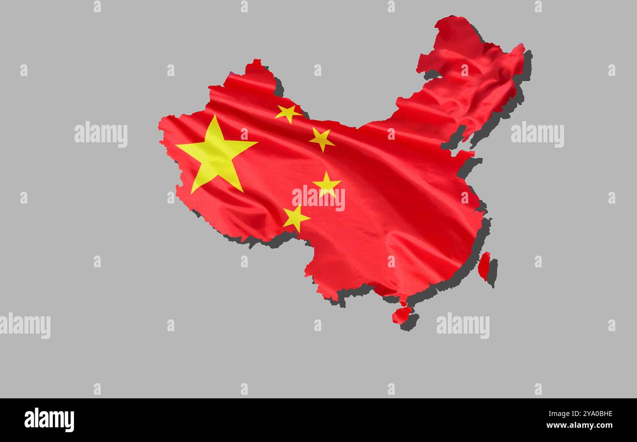 Mappa, profilo della Cina disegnato con bandiera nazionale Foto Stock