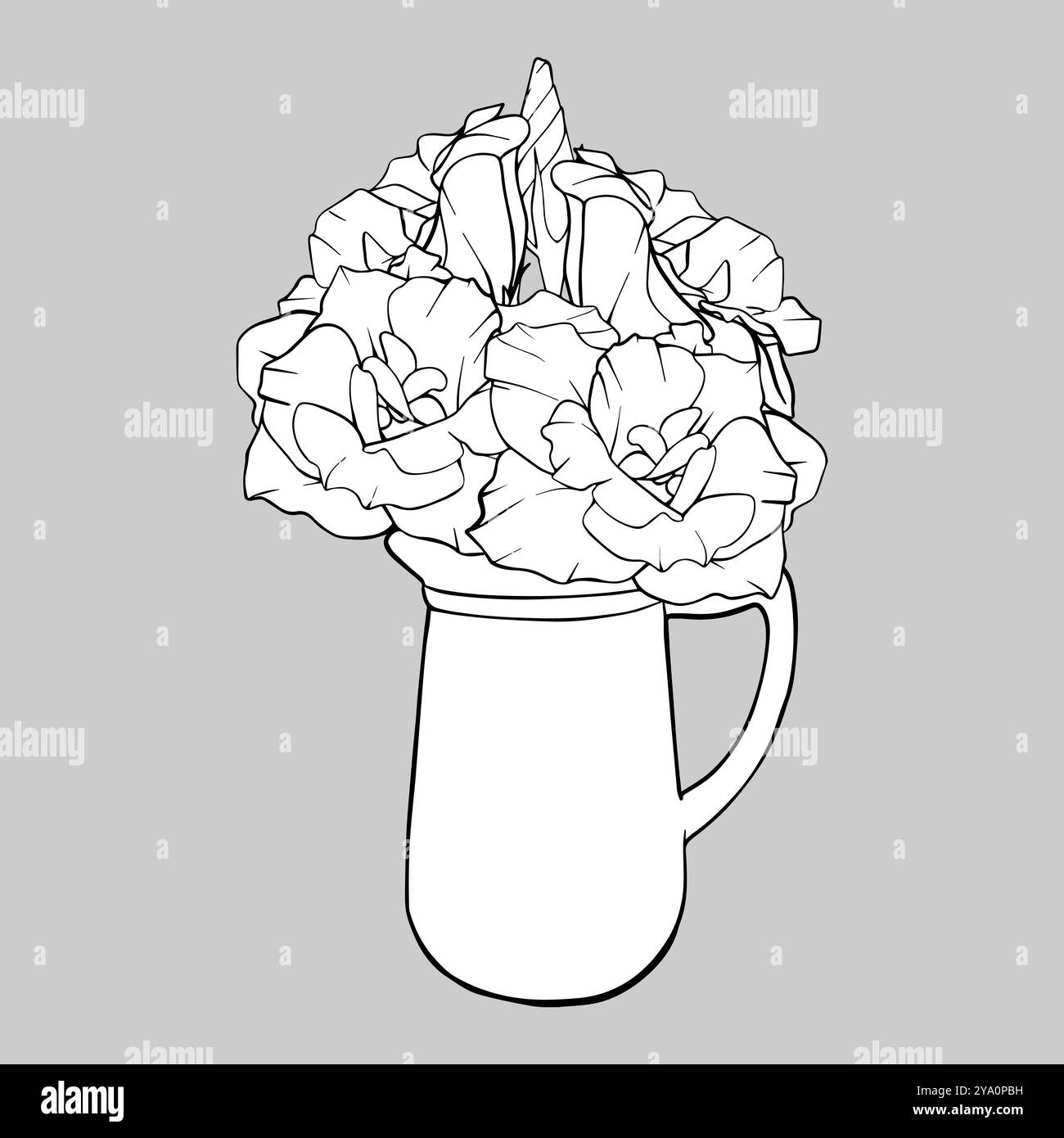 Illustrazione lineare bouquet di fiori in una caraffa. Disegno a mano dei contorni disegno dei fiori dello schizzo. Incisione vintage che fiorisce Eustoma su sfondo isolato Illustrazione Vettoriale