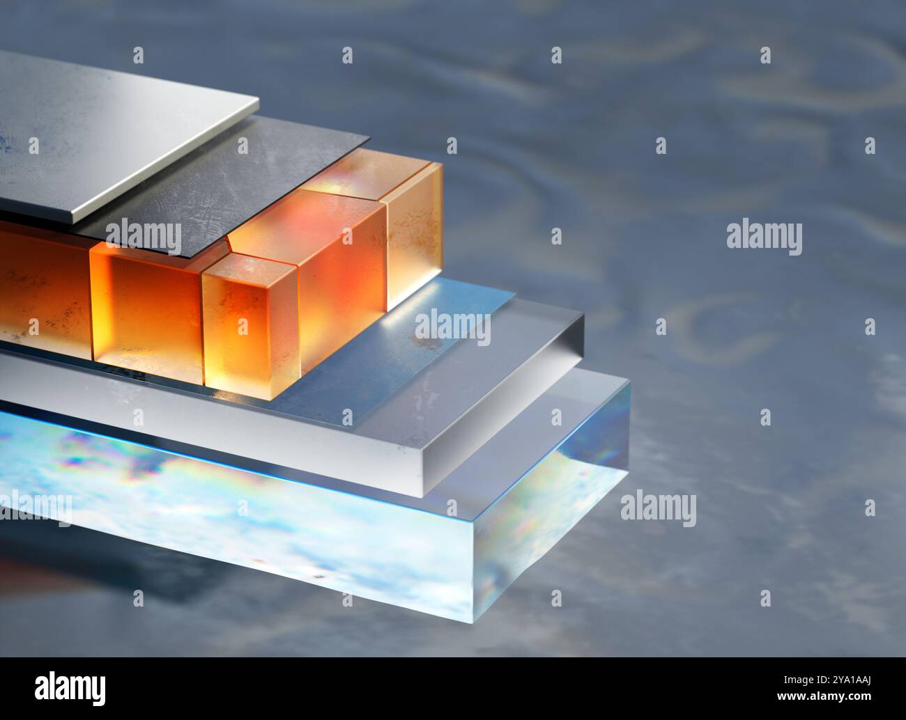 Illustrazione della struttura di una cella solare perovskite, che evidenzia i componenti chiave come lo strato di trasporto di elettroni, lo strato attivo perovskite e lo strato di trasporto del buco. Fornisce una visione completa dell'organizzazione interna delle celle solari perovskite, una tecnologia fotovoltaica emergente nota per la sua elevata efficienza e il basso costo. Foto Stock