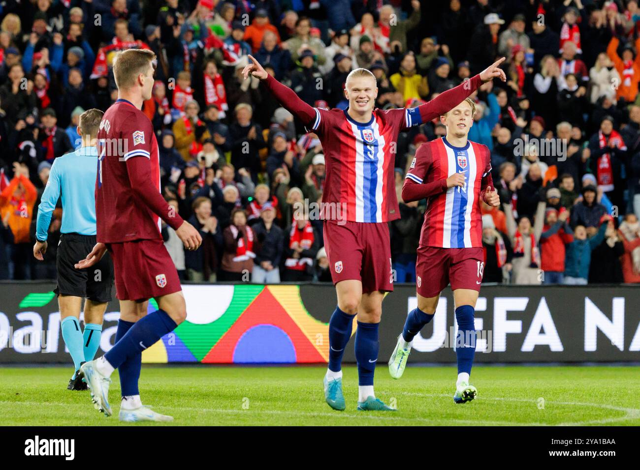 Oslo, Norvegia. 10 ottobre 2024. Erling Haaland (9) di Norvegia segna per 3-0 durante la partita di UEFA Nations League tra Norvegia e Slovenia all'Ullevaal Stadion di Oslo. Foto Stock