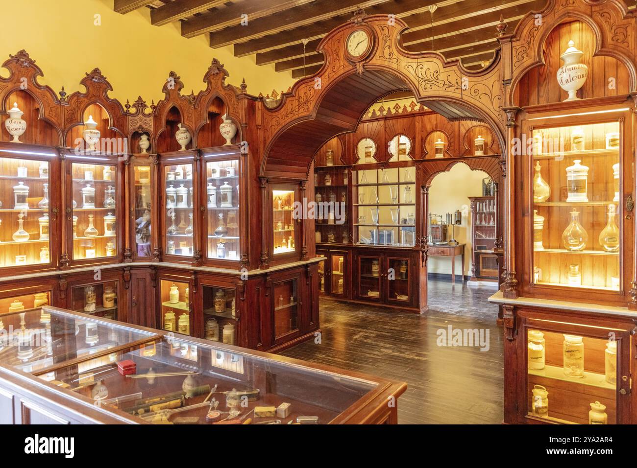 Museo dell'antiquariato con vetrine in legno illuminate piene di vasi, Jerez Foto Stock