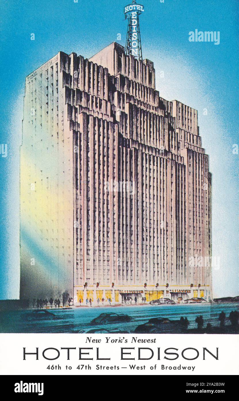 Cartolina d'epoca per la pubblicità dell'Hotel Edison a Manhattan, New York. Foto Stock