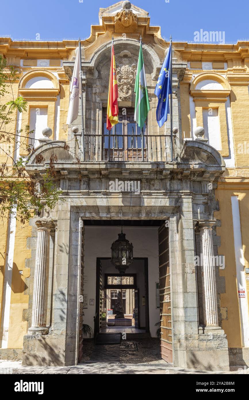 Ingresso di un edificio storico con bandiere e architettura estesa in una giornata di sole, Cordova Foto Stock