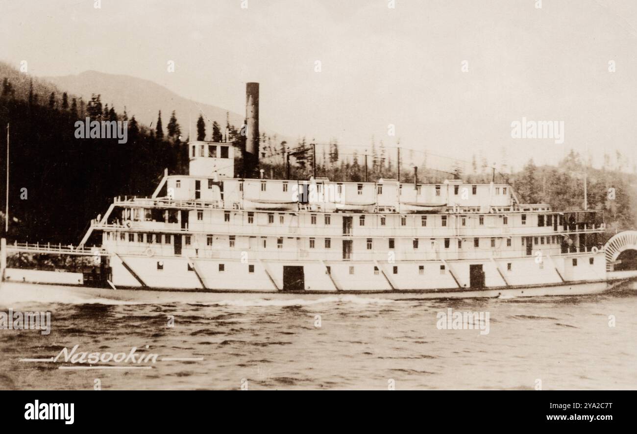 Nave a vapore Nasookin sul lago Kootenay, British Columbia Canada, cartolina di circa anni '1920-'30. fotografo non identificato Foto Stock